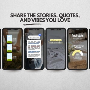 K&ouml;nnte beinhalten: Sechs Smartphone-Bildschirme mit digitalen Vorlagen f&uuml;r Social-Media-Stories. Die Bildschirme zeigen Texteinblendungen wie 'SHARE THE STORIES, QUOTES, AND VIBES YOU LOVE', 'final stats' und 'reading challenge progress' sowie Platzhalter f&uuml;r Bilder und Text.