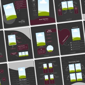 May include: A set of nine social media templates for promoting books. The templates feature a dark grey background with white text and illustrations. The illustrations include a heart, stars, and a cloud with a green hill. The text includes "Featured Author", "Book Title Here", "Mini Review", "A Book I Love", "Book Series Name", and "Follow Book".