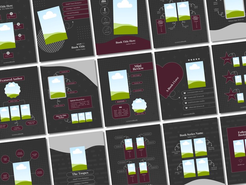 May include: A set of nine social media templates for promoting books. The templates feature a dark grey background with white text and illustrations. The illustrations include a heart, stars, and a cloud with a green hill. The text includes "Featured Author", "Book Title Here", "Mini Review", "A Book I Love", "Book Series Name", and "Follow Book".