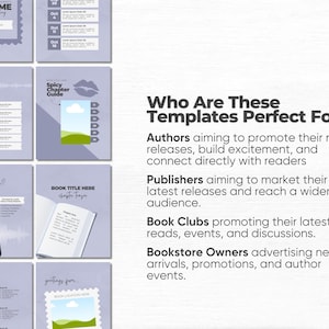May include: A collection of light purple social media templates featuring various book-themed layouts, including an Ask Me Anything box, a playlist, a spicy chapter guide, a smartphone graphic, an open book, and a postcard design with text.