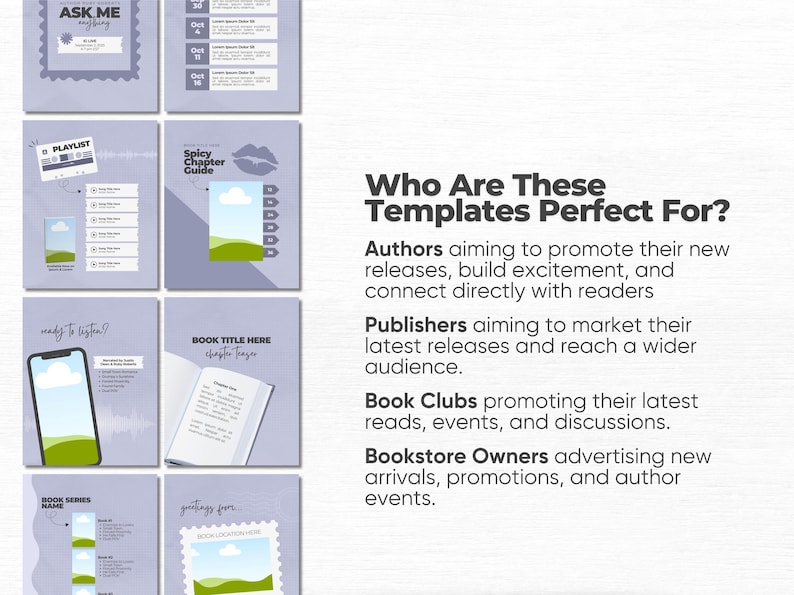 May include: A collection of light purple social media templates featuring various book-themed layouts, including an Ask Me Anything box, a playlist, a spicy chapter guide, a smartphone graphic, an open book, and a postcard design with text.