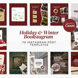 Può includere: Una collezione di 70 modelli di post di Instagram a tema festivo e invernale. I modelli presentano vari design, tra cui un riepilogo di dicembre, una ricevuta e un omaggio per le vacanze. Il testo "Holiday & Winter Bookstagram" è visualizzato.