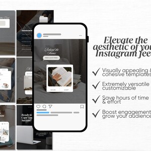 May include: A smartphone displays Instagram feed templates with the text "Elevate the aesthetic of your Instagram feed." Additional images show content planning and behind-the-scenes content. The templates are visually appealing and customizable.