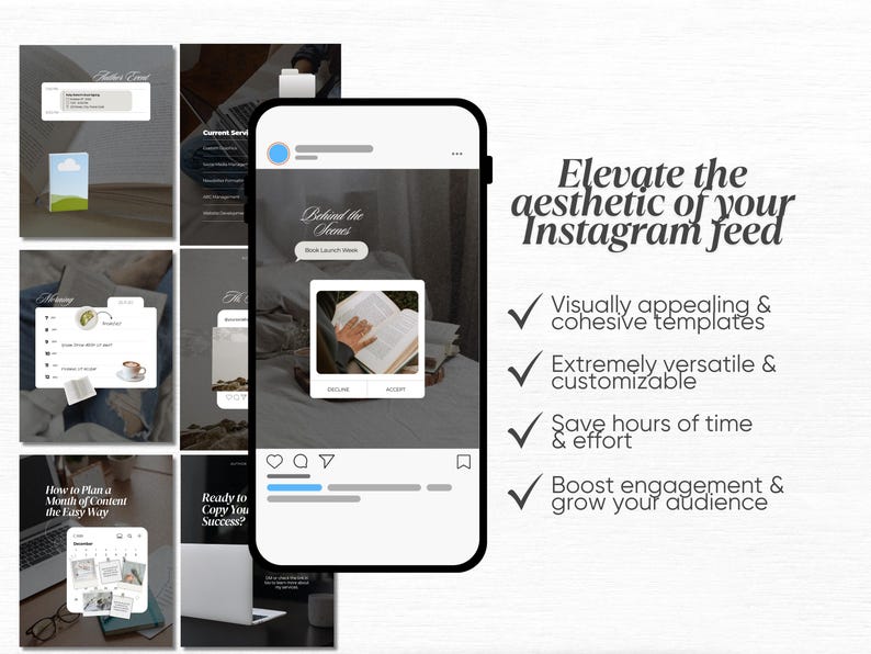 May include: A smartphone displays Instagram feed templates with the text "Elevate the aesthetic of your Instagram feed." Additional images show content planning and behind-the-scenes content. The templates are visually appealing and customizable.