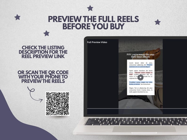 May include: A laptop screen displays a video preview with the text PREVIEW THE FULL REELS BEFORE YOU BUY, CHECK THE LISTING DESCRIPTION FOR THE REEL PREVIEW LINK, OR SCAN THE QR CODE WITH YOUR PHONE TO PREVIEW THE REELS, and a square QR code.