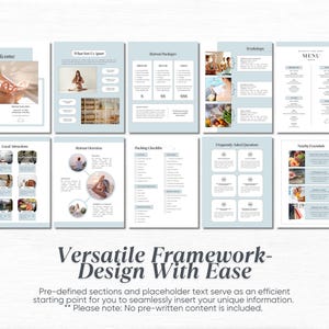 May include: A light blue and white digital template for a retreat or workshop. The template includes sections for welcome, what's included, retreat packages, workshops, menu, local attractions, retreat overview, packing checklist, frequently asked questions, and nearby essentials.