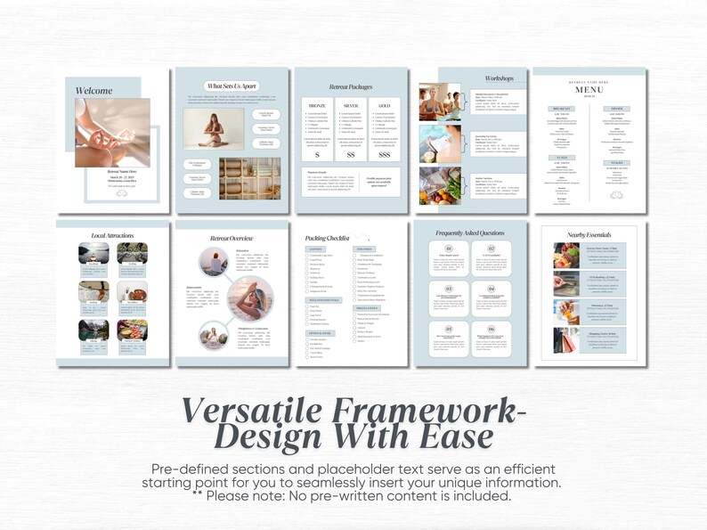 May include: A light blue and white digital template for a retreat or workshop. The template includes sections for welcome, what's included, retreat packages, workshops, menu, local attractions, retreat overview, packing checklist, frequently asked questions, and nearby essentials.