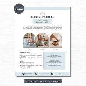 May include: A printable flyer for a yoga retreat in Sedona, Arizona. The flyer features a blue and white colour scheme with images of yoga poses and sound baths. The text includes the retreat name, dates, location, highlights, pricing, and registration details.
