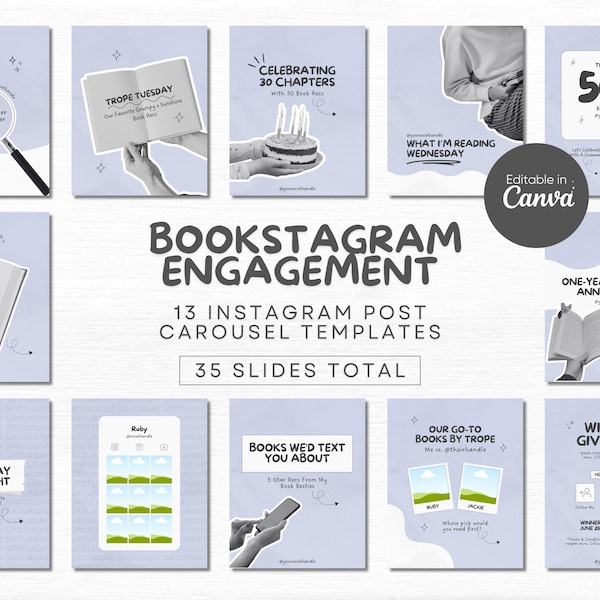 Peut inclure: Un ensemble de 13 modèles de carrousel Instagram pour l'engagement littéraire, avec des arrière-plans violet clair, du texte noir et des éléments graphiques. Les modèles incluent des titres comme Microtrope Monday, Trope Tuesday et Wishlist Giveaway, conçus pour la création de contenu.