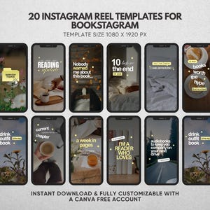 K&ouml;nnte beinhalten: Eine digitale Sammlung von 20 Instagram Reel-Vorlagen f&uuml;r Bookstagram mit einer Gr&ouml;&szlig;e von 1080 x 1920 px. Die Vorlagen zeigen verschiedene Layouts mit Texteinblendungen wie 'Reading Update', '10 before the end' und 'I'm a reader who loves'.