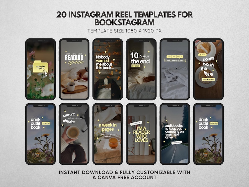 K&ouml;nnte beinhalten: Eine digitale Sammlung von 20 Instagram Reel-Vorlagen f&uuml;r Bookstagram mit einer Gr&ouml;&szlig;e von 1080 x 1920 px. Die Vorlagen zeigen verschiedene Layouts mit Texteinblendungen wie 'Reading Update', '10 before the end' und 'I'm a reader who loves'.