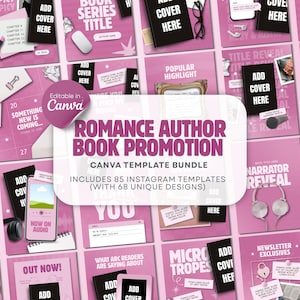 Puede incluir: Un paquete digital de 85 plantillas de Instagram para la promoción de libros de autores de romance, con fondos rosas, texto en blanco, marcadores de posición para portadas de libros en negro y varios elementos gráficos.