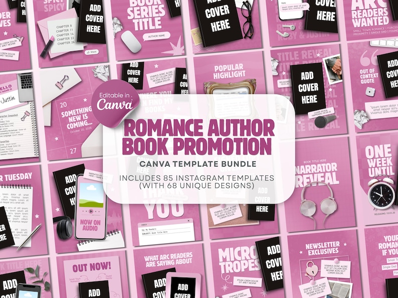Indie Romance Author Book Promotion Canva template bundle containing 85 editable Instagram post templates.  Digital templates are fully customizable with a Canva free account & can be downloaded instantly. Perfect for authors with an upcoming book launch or book influencers looking for trendy social media content.