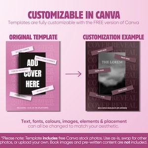 K&ouml;nnte beinhalten: Eine digitale Vorlage f&uuml;r Buchcover-Enth&uuml;llungen mit einem rosa Original-Layout, einem schwarzen Buch-Platzhalter und einem dunkelbraunen, angepassten Beispiel. Der Text umfasst CUSTOMIZABLE IN CANVA, ORIGINAL TEMPLATE und CUSTOMIZATION EXAMPLE.