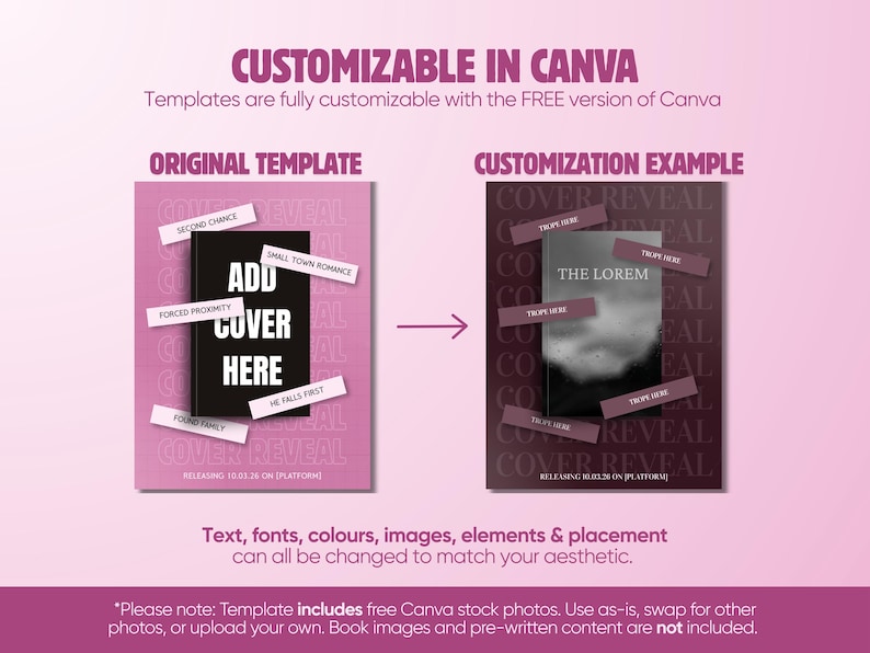 K&ouml;nnte beinhalten: Eine digitale Vorlage f&uuml;r Buchcover-Enth&uuml;llungen mit einem rosa Original-Layout, einem schwarzen Buch-Platzhalter und einem dunkelbraunen, angepassten Beispiel. Der Text umfasst CUSTOMIZABLE IN CANVA, ORIGINAL TEMPLATE und CUSTOMIZATION EXAMPLE.