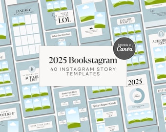 May include: A set of 40 Instagram story templates for bookstagram, featuring a blue and green color scheme with illustrations of books and clouds. The text "2025 Bookstagram 40 Instagram Story Templates" is displayed in a white box.