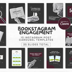 Puede incluir: Un conjunto de 13 plantillas de carrusel de publicaciones de Instagram para la participación de Bookstagram. Las plantillas presentan fondos oscuros con acentos blancos y burdeos, e incluyen texto como "Microtrope Monday", "Trope Tuesday" y "Follow Friday".