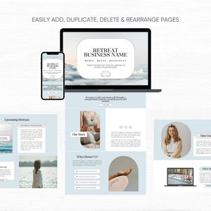 May include: A website mockup for a retreat business. The website features a blue and white color scheme with images of a woman meditating and a beach scene. The text on the website includes the words "Retreat Business Name", "Reset, Relax, Reconnect", "Our Story", "Why Choose Us?", "Meet Your Host", and "Free Resource".
