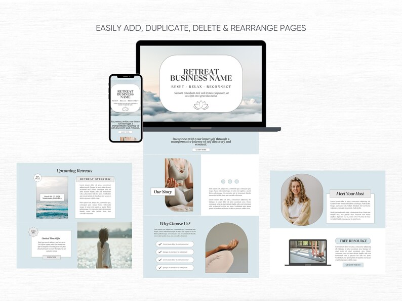 May include: A website mockup for a retreat business. The website features a blue and white color scheme with images of a woman meditating and a beach scene. The text on the website includes the words "Retreat Business Name", "Reset, Relax, Reconnect", "Our Story", "Why Choose Us?", "Meet Your Host", and "Free Resource".