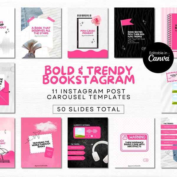 Peut inclure: Une collection de onze modèles de carrousel Instagram présentant une palette de couleurs rose et noire avec divers graphismes sur le thème du livre, incluant des vinyles, enveloppes, carnets et casques, avec le texte BOLD & TRENDY BOOKSTAGRAM.