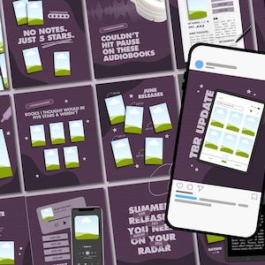 K&ouml;nnte beinhalten: Eine Sammlung von Social-Media-Posts mit lila Hintergrund. Die Beitr&auml;ge zeigen Landschaftsbilder, Text und Smartphone-Mockups. Texte sind "TBR UPDATE", "No notes, just 5 stars" und "Summer releases you need on your radar".