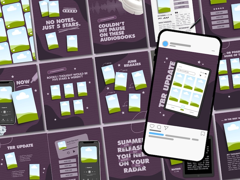 K&ouml;nnte beinhalten: Eine Sammlung von Social-Media-Posts mit lila Hintergrund. Die Beitr&auml;ge zeigen Landschaftsbilder, Text und Smartphone-Mockups. Texte sind "TBR UPDATE", "No notes, just 5 stars" und "Summer releases you need on your radar".