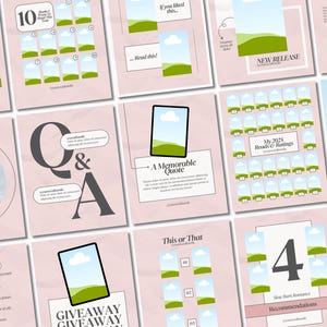 May include: A pink and green aesthetic Instagram template for book lovers. The template includes a variety of layouts, including a "Book Haul", "Q&A", "This or That", "Giveaway", "Checklist", "My 2025 Reads & Ratings", "Just Finished Reading", "New Release", "A Memorable Quote", and "Slow Burn Romance Recommendations".