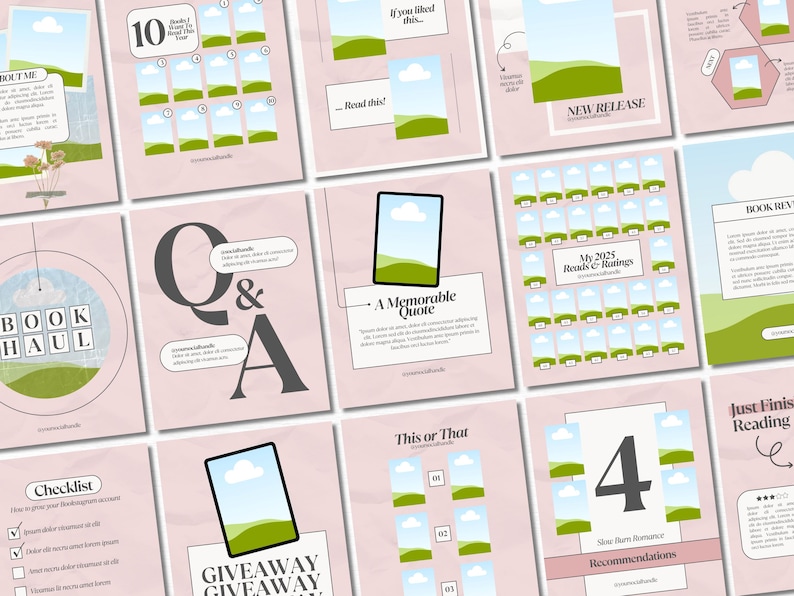May include: A pink and green aesthetic Instagram template for book lovers. The template includes a variety of layouts, including a "Book Haul", "Q&A", "This or That", "Giveaway", "Checklist", "My 2025 Reads & Ratings", "Just Finished Reading", "New Release", "A Memorable Quote", and "Slow Burn Romance Recommendations".