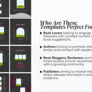 May include: A set of social media templates designed for book lovers, authors, book bloggers, and publishers. The templates feature a chalkboard background with white text and illustrations. The text includes "Who Are These Templates Perfect For?" and lists the four groups mentioned above.
