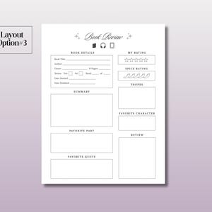 May include: A printable book review template with sections for book details, summary, favorite part, favorite quote, favorite character, review, my rating, spice rating, and tropes.