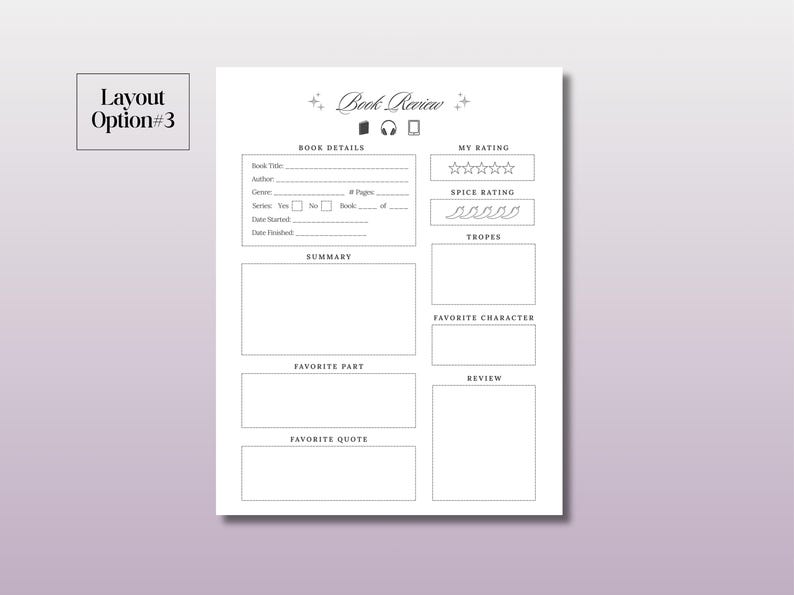 May include: A printable book review template with sections for book details, summary, favorite part, favorite quote, favorite character, review, my rating, spice rating, and tropes.