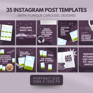 K&ouml;nnte beinhalten: Ein digitales Produkt mit 35 Instagram-Post-Vorlagen und 11 einzigartigen Karussell-Designs. Die Vorlagen haben einen dunkelvioletten Hintergrund mit wei&szlig;em Text und Grafiken. Der Text enth&auml;lt S&auml;tze wie "Five-Star Book Tag" und "Last Now Next". Portraitgr&ouml;&szlig;e 1080 x 1350 px.