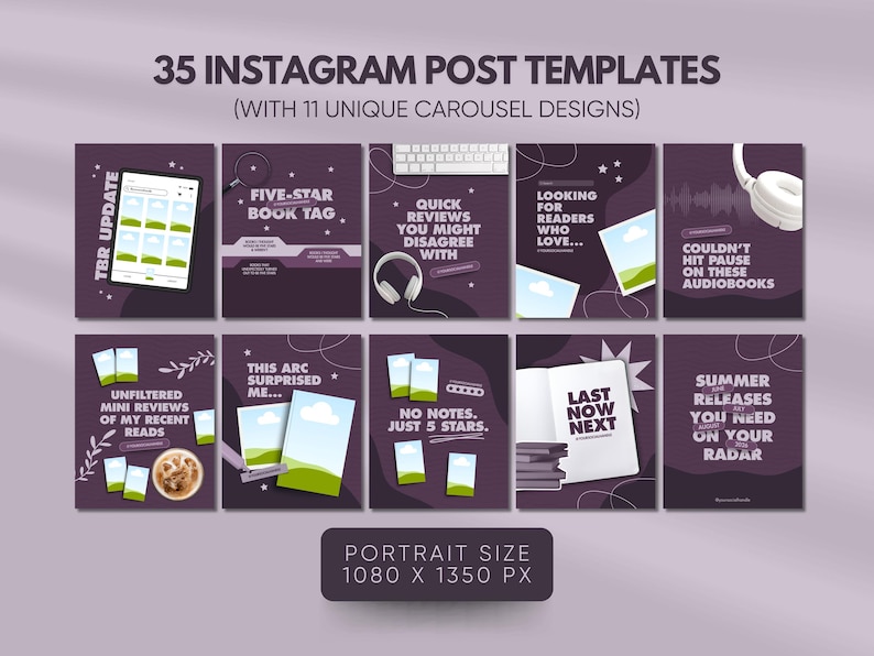 K&ouml;nnte beinhalten: Ein digitales Produkt mit 35 Instagram-Post-Vorlagen und 11 einzigartigen Karussell-Designs. Die Vorlagen haben einen dunkelvioletten Hintergrund mit wei&szlig;em Text und Grafiken. Der Text enth&auml;lt S&auml;tze wie "Five-Star Book Tag" und "Last Now Next". Portraitgr&ouml;&szlig;e 1080 x 1350 px.