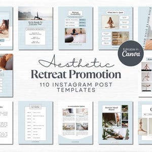 Puede incluir: Una colección de 110 plantillas de publicaciones de Instagram para promocionar un retiro. Las plantillas presentan un fondo azul claro con texto blanco e imágenes de personas haciendo yoga y meditando. El texto incluye frases como "Actividades de retiro", "Disponibilidad de retiro" y "¿Qué está incluido?" Las plantillas son editables en Canva.