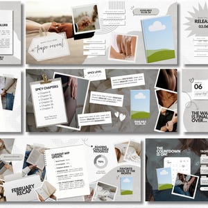 May include: A digital marketing template set for book promotion featuring collage-style layouts with placeholders for text, book covers with blue sky and green hill illustrations, photo frames, reading progress charts, and calendar dates.