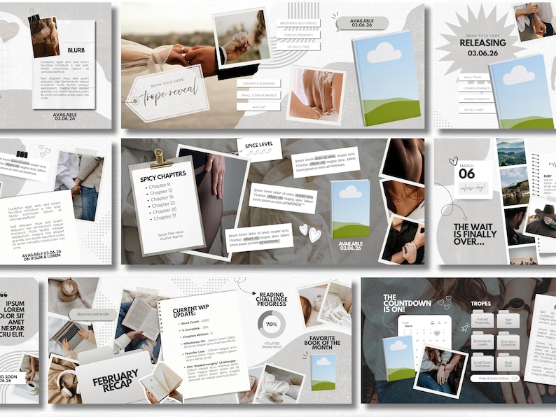 May include: A digital marketing template set for book promotion featuring collage-style layouts with placeholders for text, book covers with blue sky and green hill illustrations, photo frames, reading progress charts, and calendar dates.
