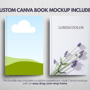May include: Two book covers featuring a custom Canva mockup. The left cover displays a light blue sky with a white cloud over green rolling hills. The right cover is white with the text LOREM DOLOR and a sprig of purple lavender flowers.