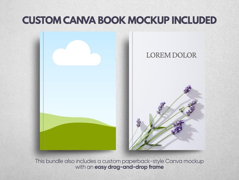 May include: Two book covers featuring a custom Canva mockup. The left cover displays a light blue sky with a white cloud over green rolling hills. The right cover is white with the text LOREM DOLOR and a sprig of purple lavender flowers.