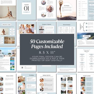 May include: A collage of 50 customizable pages for a retreat or wellness center brochure. The pages are 8.5 inches by 11 inches and feature a light blue and white color scheme. The text "50 Customizable Pages Included" and "8.5 X 11" is displayed in a dark gray box.