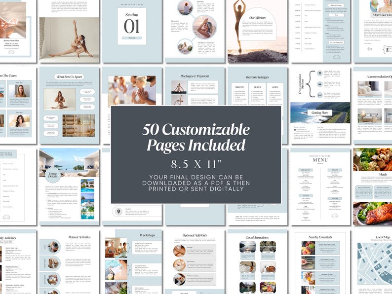 May include: A collage of 50 customizable pages for a retreat or wellness center brochure. The pages are 8.5 inches by 11 inches and feature a light blue and white color scheme. The text "50 Customizable Pages Included" and "8.5 X 11" is displayed in a dark gray box.