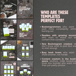 May include: A collection of digital social media templates for book enthusiasts, featuring various layouts with placeholders for book covers, text, and ratings. The design includes dark backgrounds, white line art, and pink text elements.