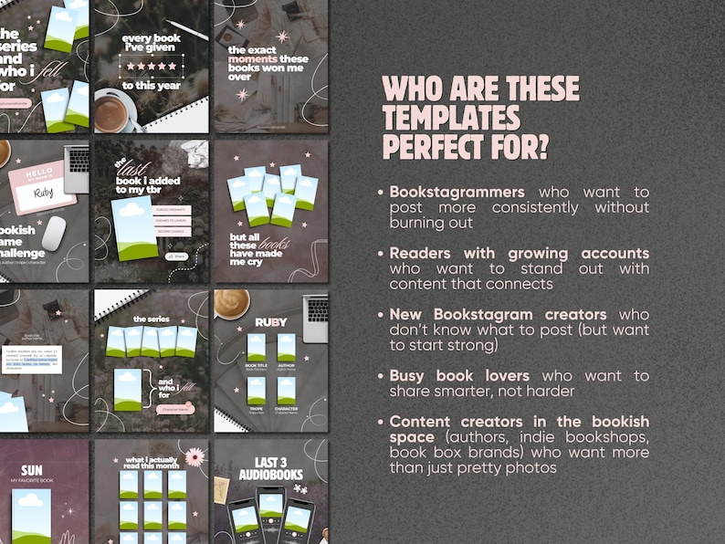 May include: A collection of digital social media templates for book enthusiasts, featuring various layouts with placeholders for book covers, text, and ratings. The design includes dark backgrounds, white line art, and pink text elements.