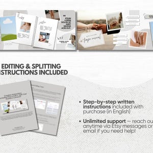 May include: A digital template for a social media carousel featuring a book cover with a blue sky and green hills, open book pages with placeholder text and photos, and a document titled Editing & Splitting Instructions Included with text.