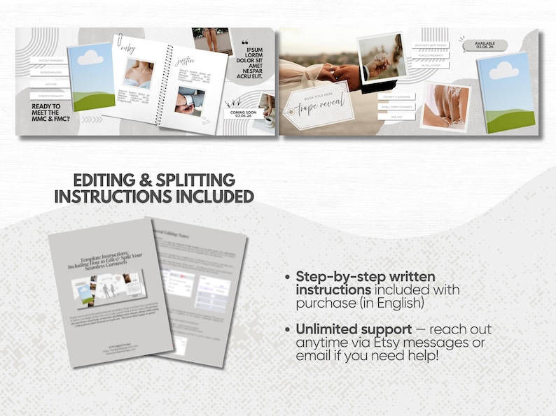 May include: A digital template for a social media carousel featuring a book cover with a blue sky and green hills, open book pages with placeholder text and photos, and a document titled Editing & Splitting Instructions Included with text.