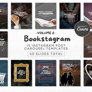 Może przedstawiać: Zestaw 15 szablonów karuzeli postów na Instagramie, tom 2, dla miłośników książek. Szablony zawierają różne projekty z tekstem, takie jak "Bookstagram", "Monthly Wrap-Up" i "Hot Tropes for Hot Days".
