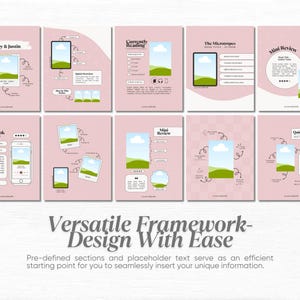 May include: A set of 10 pink printable digital planner templates with green illustrations of a landscape with a cloud and a phone screen. The templates are designed for book reviews, audiobook reviews, and quick reviews. The text "Versatile Framework - Design With Ease" is at the bottom of the image.