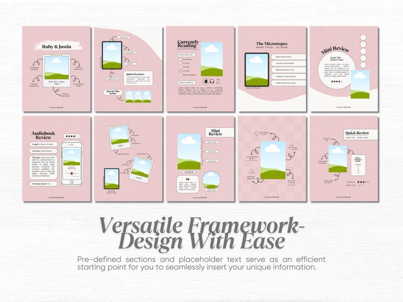 May include: A set of 10 pink printable digital planner templates with green illustrations of a landscape with a cloud and a phone screen. The templates are designed for book reviews, audiobook reviews, and quick reviews. The text "Versatile Framework - Design With Ease" is at the bottom of the image.
