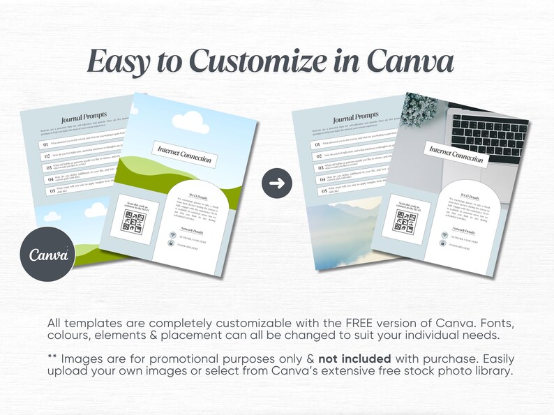 May include: A digital template for a journal prompt with a blue and green color scheme. The template features a cloud, a QR code, and the text "Internet Connection". The template is customizable in Canva.