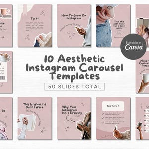 May include: A set of 10 pink aesthetic Instagram carousel templates with text overlays. The templates feature tips for growing on Instagram, writing captions, and making content feel personal. The text "10 Aesthetic Instagram Carousel Templates" and "50 Slides Total" is displayed in a large, bold font.