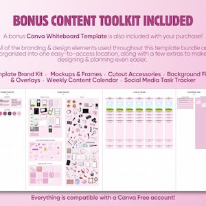 K&ouml;nnte beinhalten: Ein digitales Design-Toolkit mit einer Canva-Whiteboard-Vorlage, die Abschnitte f&uuml;r ein Marken-Kit, Mockups, Rahmen, Zubeh&ouml;r, Hintergrundfilter, Overlays, einen w&ouml;chentlichen Inhaltskalender und einen Social-Media-Aufgaben-Tracker enth&auml;lt.